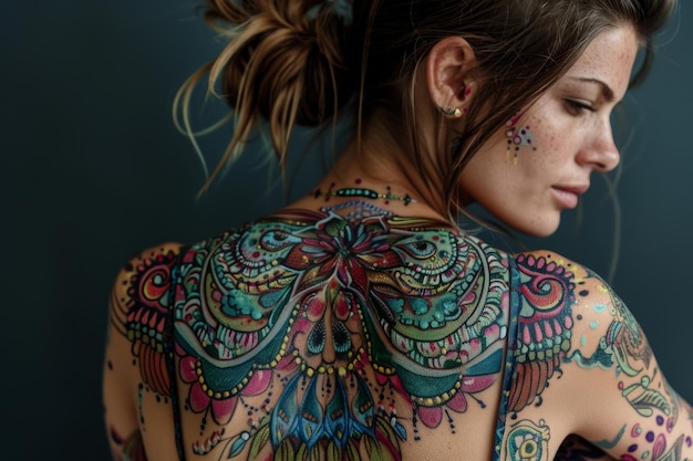 Une femme avec des tatouages colorés sur le dos et un dessin floral sur le dos