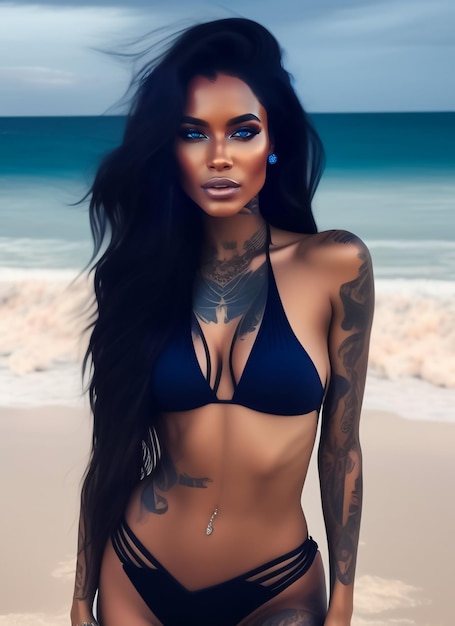 Une femme avec des tatouages sur la poitrine et un haut de bikini bleu