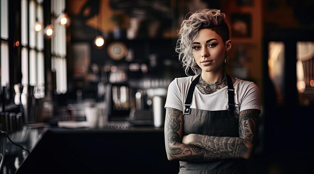 Photo une femme avec des tatouages sur ses bras se tient devant un bar avec un panneau disant tatouage