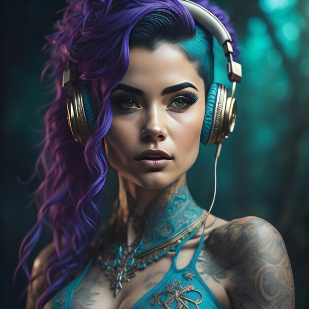 Une femme tatouée aux cheveux violets avec des écouteurs écoutant de la musique.