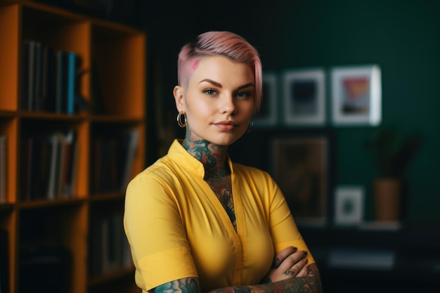 Une femme tatouée avec une coupe de cheveux courte dans un bureau Generative AI AIG21
