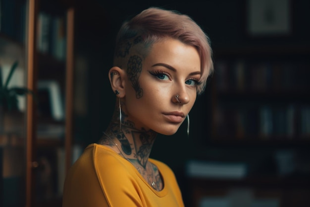 Une femme tatouée avec une coupe de cheveux courte dans un bureau Generative AI AIG21