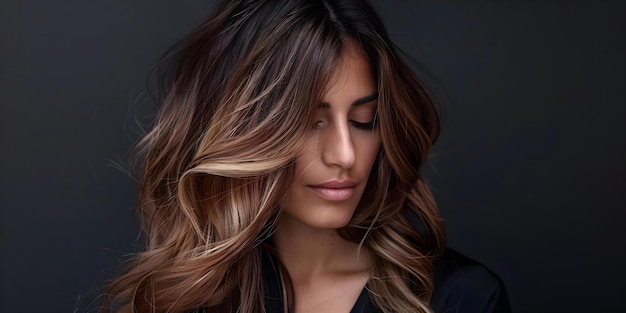 Femme avec une teinture à cheveux ombre balayage présentant un mélange homogène des racines sombres aux extrémités claires Concept Balayage Ombre Hair Dark Roots Light Ends Seamless Blend Teinture aux cheveux