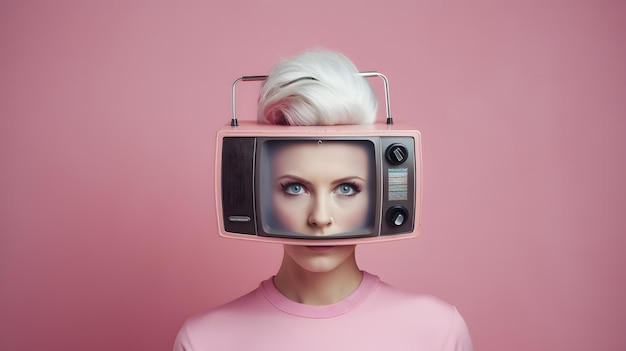 Une femme avec une télé sur la tête