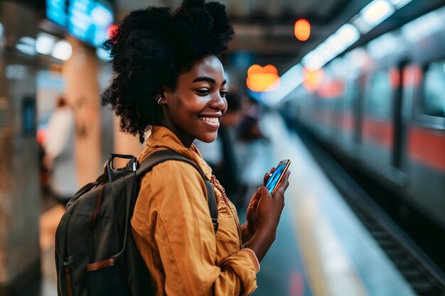 Une femme avec un téléphone attend le métro à la gare.