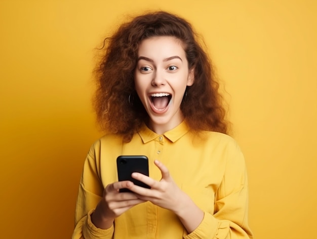 Une femme avec un téléphone dans les mains est surprise.