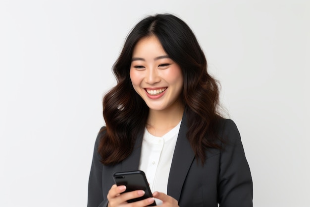 Femme avec un téléphone sur fond blanc