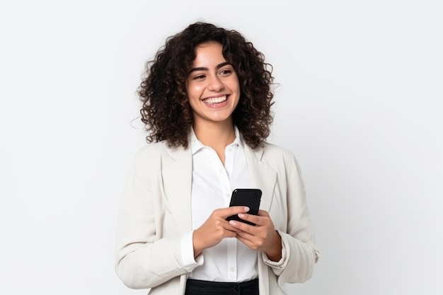 femme avec un téléphone sur fond blanc