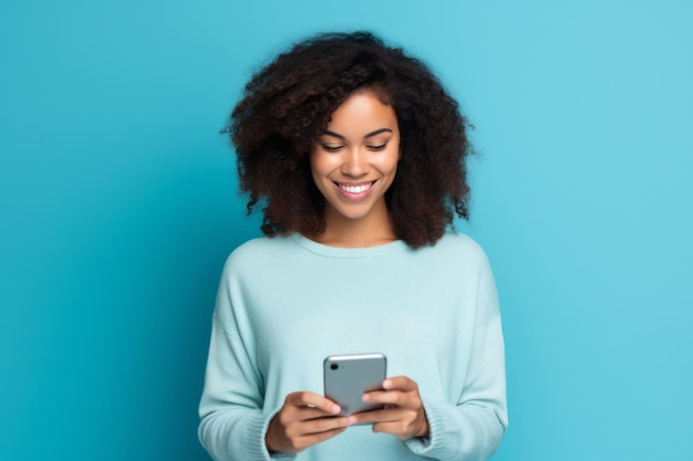 Femme avec un téléphone sur fond bleu