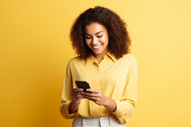 femme avec un téléphone sur fond jaune