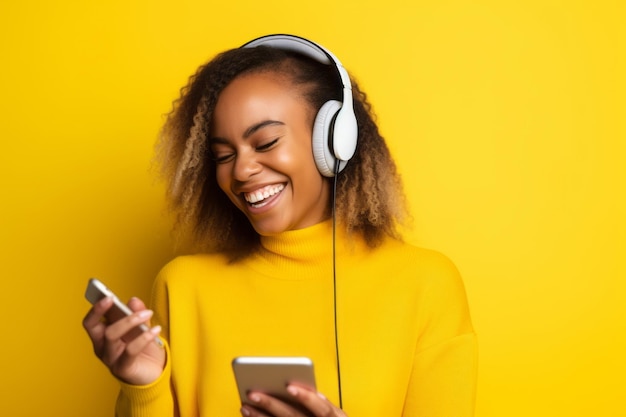 Femme avec un téléphone sur fond jaune