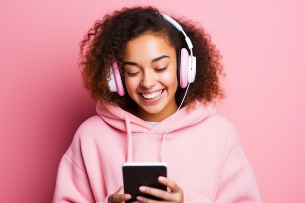 Femme avec un téléphone sur fond rose