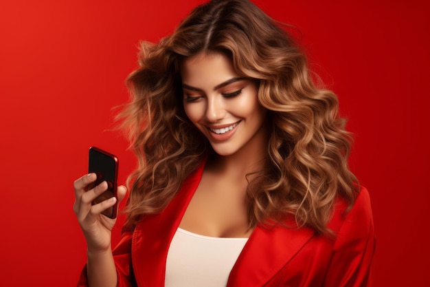 Femme avec un téléphone sur fond rouge