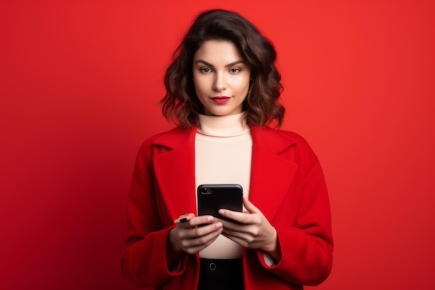 Femme avec un téléphone sur fond rouge