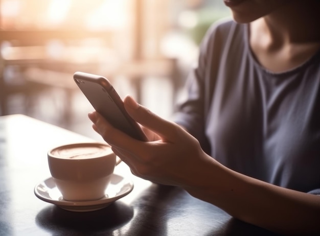 Femme avec téléphone portable et tasse de café Illustration AI GenerativexA