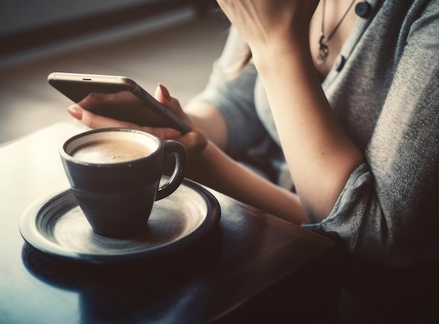 Femme avec téléphone portable et tasse de café Illustration AI GenerativexA