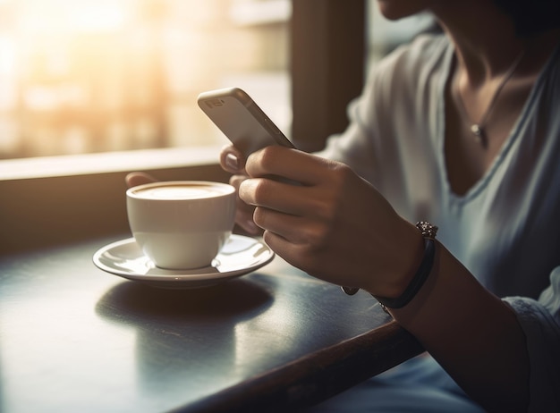 Femme avec téléphone portable et tasse de café Illustration AI GenerativexA