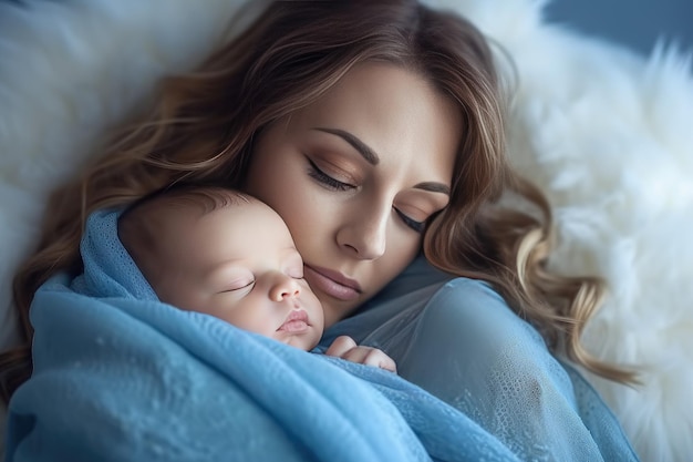 Femme tenant un adorable bébé enveloppé dans une couverture bleue Generative AI