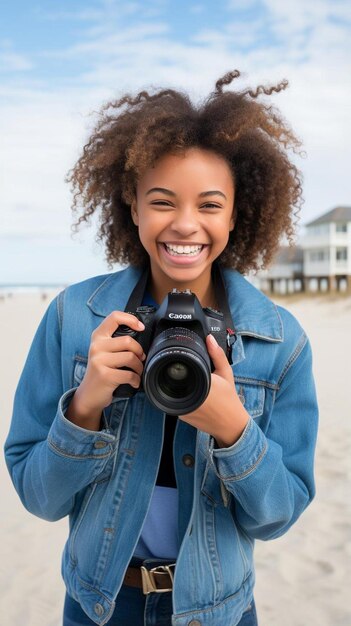 Photo une femme tenant un appareil photo et souriant à la caméra