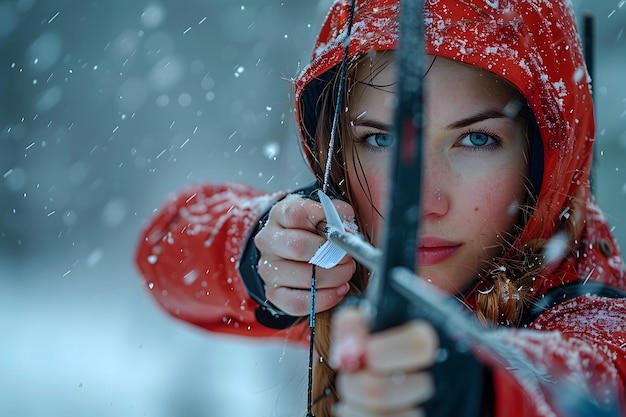 Une femme tenant un arc et une flèche dans la neige