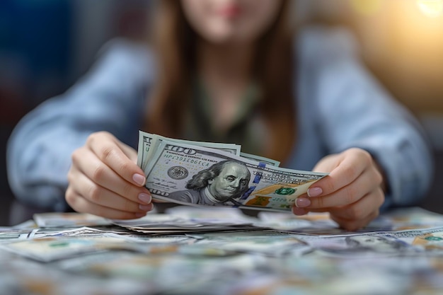 Femme tenant de l'argent Closeup de mains féminines comptant du papier-monnaie Dollars américains Finances d'entreprise Épargne paiement d'impôts Banque d'investissement Salary épargne en espèces Planification