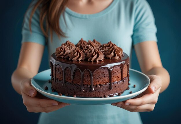 Photo une femme tenant une assiette avec un gâteau au chocolat dessus