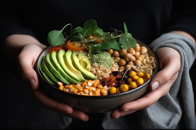 Femme tenant une assiette avec de la nourriture végétalienne ou végétarienne Alimentation saine Dîner ou déjeuner de légumes sains