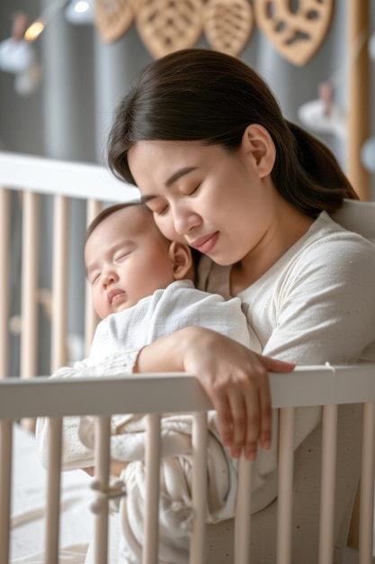 Femme tenant bébé dans un berceau