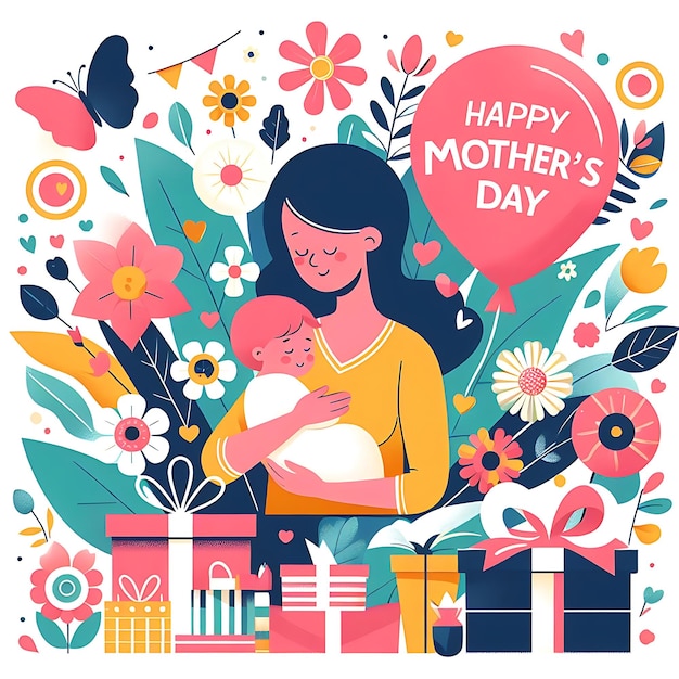une femme tenant un bébé devant un fond coloré avec un cœur avec les mots joyeux jour des mères