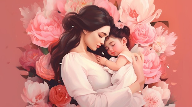 Une femme tenant un bébé et dormant avec des fleurs roses en arrière-plan.