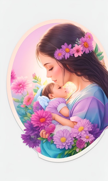 Une femme tenant un bébé et un fond de fleurs