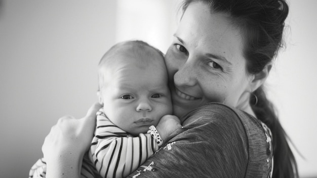 Une femme tenant un bébé en noir et blanc