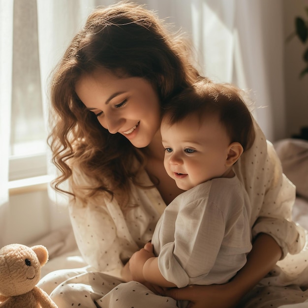 Femme tenant un bébé et un ours en peluche