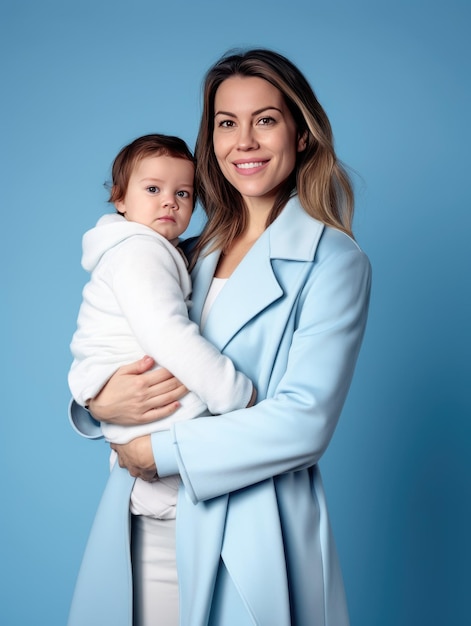 Une femme tenant un bébé et portant un manteau blanc