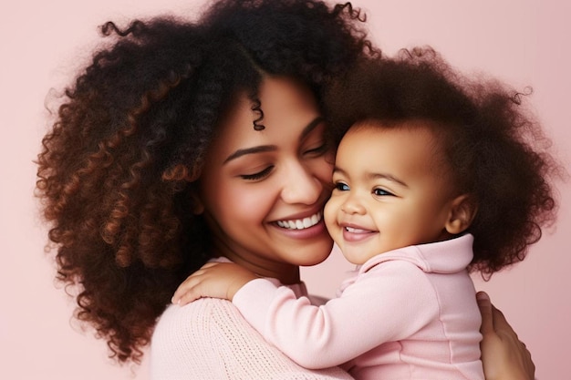 une femme tenant un bébé et souriant avec un fond rose