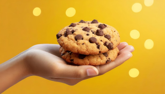 Femme tenant un biscuit à la main avec des chips de chocolat sur fond jaune avec un espace de copie