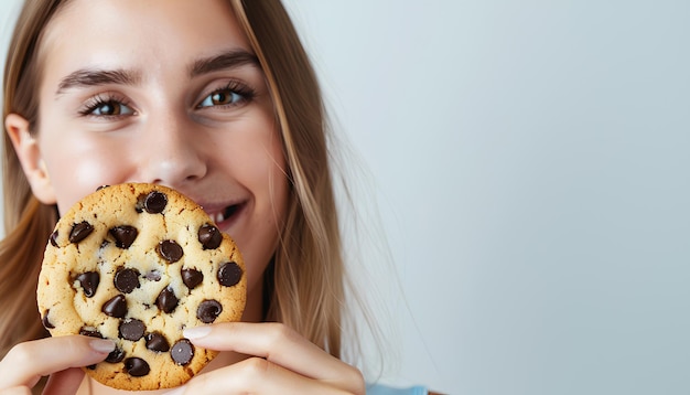 Une femme tenant un biscuit mordu avec des éclats de chocolat sur fond blanc