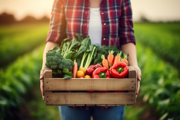 Femme tenant une boîte en bois avec des légumes biologiques frais sur le fond du champ