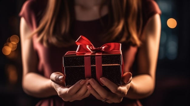 Une femme tenant une boîte cadeau rouge avec un ruban rouge.