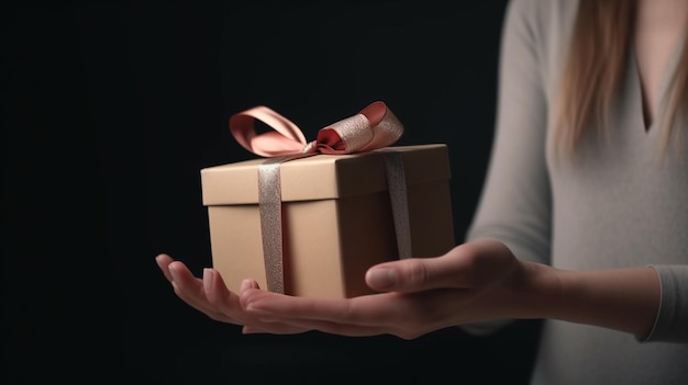 Une femme tenant une boîte-cadeau avec un ruban attaché.