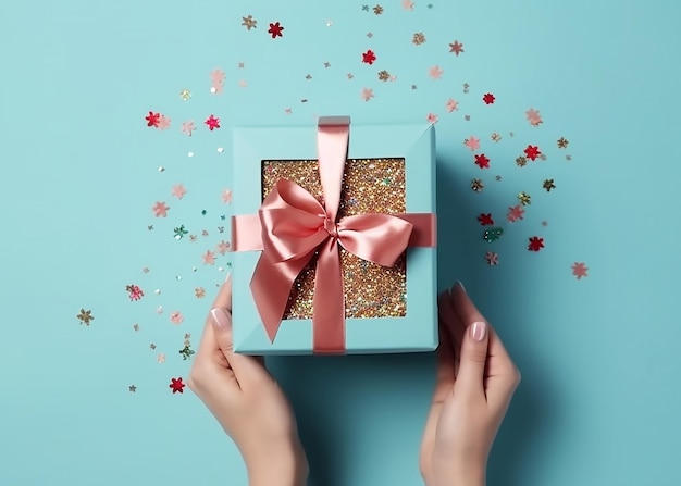 Une femme tenant une boîte-cadeau avec un ruban rose dessus.