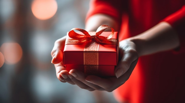 Femme tenant une boîte à cadeaux rouge sur un fond flou en gros plan célébration de Noël