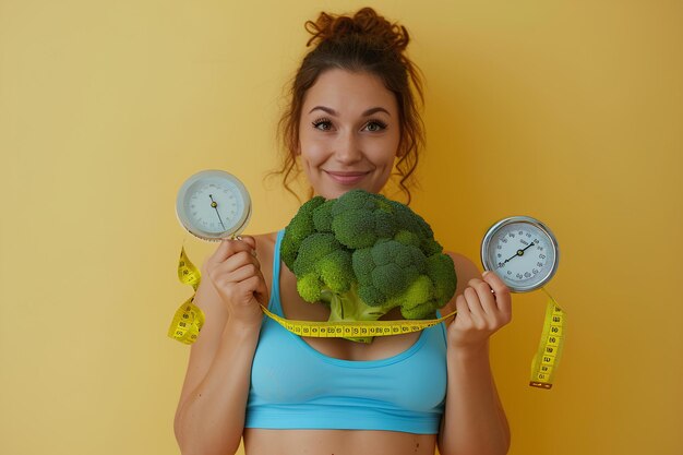 Photo une femme tenant un bol de brocoli et un ruban à mesurer avec une échelle sur sa poitrine et une échelle avec un