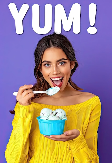 Une femme tenant un bol de crème glacée et une cuillère