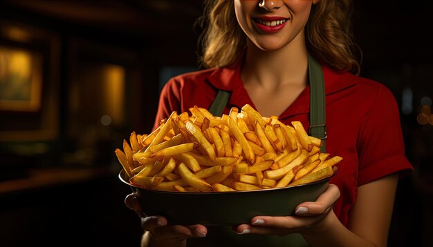 Photo une femme tenant un bol de frites dans ses mains