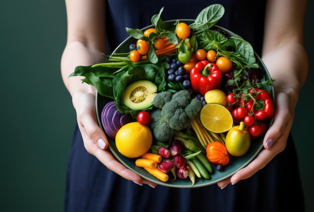 Photo une femme tenant un bol de légumes et de fruits frais