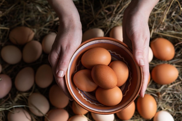 Femme tenant un bol d'œufs de poule faits maison Aliments naturels