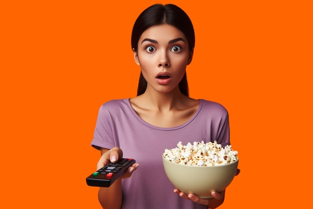 Photo une femme tenant un bol de pop-corn et une télécommande