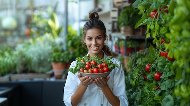 Une femme tenant un bol de tomates dans une serre