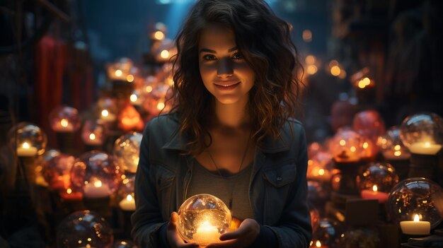 Une femme tenant une boule lumineuse
